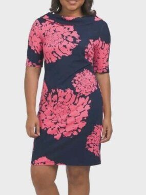 Trina Turk dress Sz 4 Olinda Blue Pink Floral 3/4 Sleeve Roll Neck Ponte Stretch